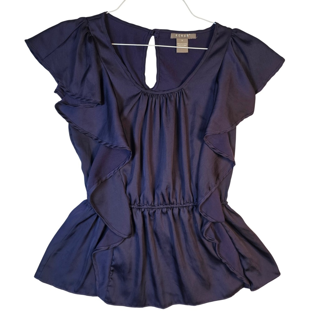 Kenar Navy Blue Ruffle Peplum Blouse Satin Sleeveless Top Small